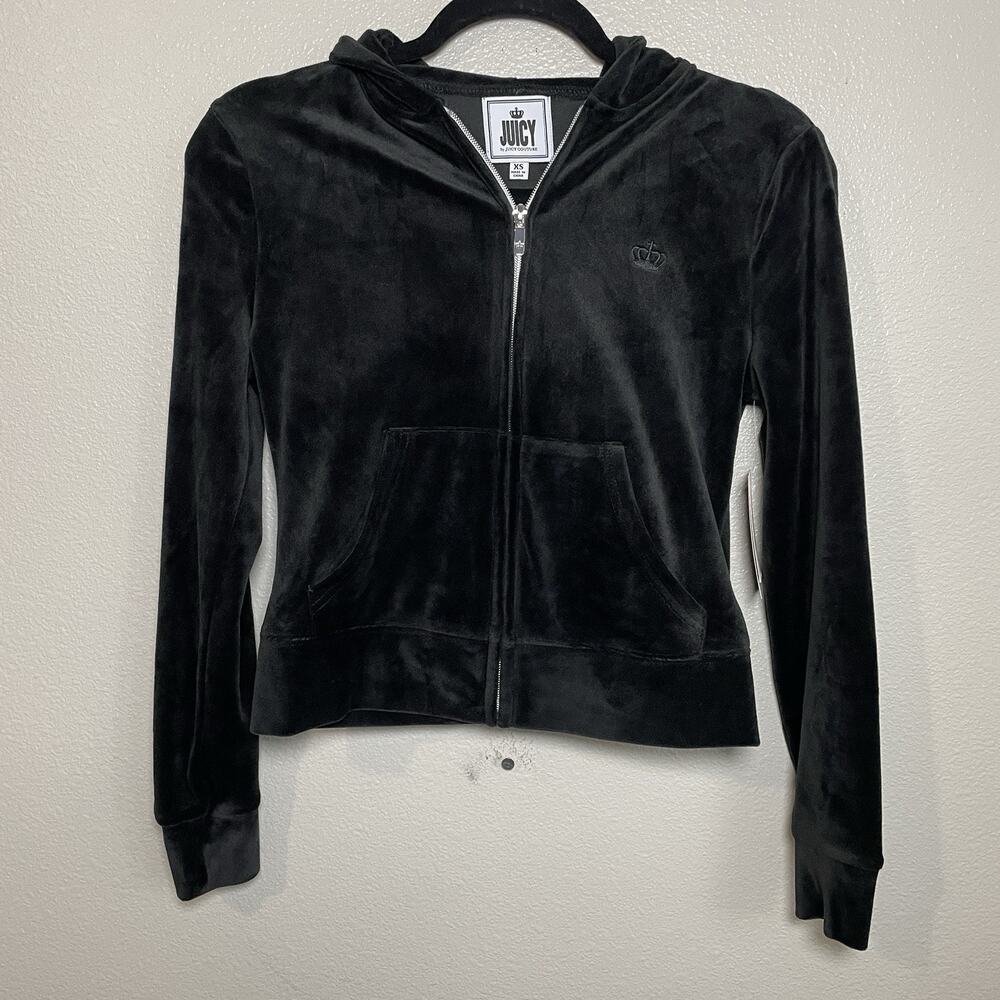 NWT Juicy Couture Black Velour Full Zip Up Hoodie Jacket Size XS Y2K